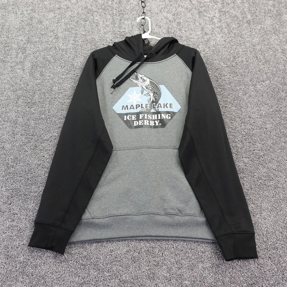 BAW Thermo Tek Hoodie Mens Medium Gray Black Maple Lake Ice Fishing Derby